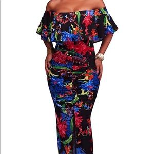 Off Shoulder Hawaiian Floral Long Maxi Dress